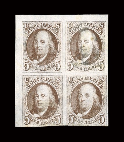 1, 5c Red brown, a very rare unused top left corner sheet-margin block of four, right margin large, into the frame line at bottom, rich color and a fine impression, horizontal
crease affects the top two stamps, light vertical crease in right pai