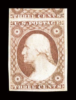 11A, Ty. II, 3c Dull red, a striking mint example of this type, which has just recently been given major catalog number status in Scott, featuring exceptionally large margins
all around with a sizeable portion of the adjoining stamp at top, full