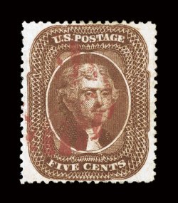 30A, 5c Brown, Ty. II, exceptionally well centered within wide margins, rich color and a deep impression, attractive light red grid cancel, extremely fine 2003 PSE
certificate.