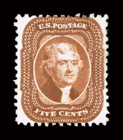 42, 5c Orange brown reprint, without gum as issued, far better centering within much wider margins than normally encountered on this notoriously difficult stamp, rich
luxuriant color and a well incised impression on fresh paper, very fine and ch
