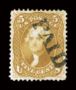 67, 5c Buff, used, marvelously well centered, lovely rich color and a crisp detailed impression, beautifully cancelled by a complete Paid straight line postmark, current
certificate mentions a tiny margin nick which is barely perceptible, extr