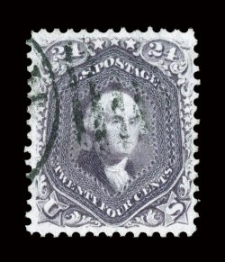 70c, 24c Violet on thin paper, a gorgeous used example of this rare shade, possessing deep luxuriant color and a superbly detailed impression from an early printing, plus it
is extraordinarily well centered within much larger margins than typica