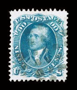 72, 90c Blue, well centered within unusually large margins for this scarce high value, rich luxuriant color, light cork cancel which is uncharacteristic, choice very fine 2004
PF certificate and a 2006 PSE certificate (VF-XF 85 SMQ $970.00)