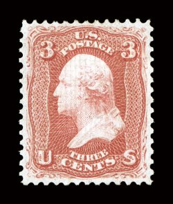 94, 3c Red, F grill, fresh mint single, brilliantly rich color and a sharp impression on crisp paper, exceedingly well centered and margined, o.g., relatively lightly hinged,
extremely fine 1989 PF certificate and a 2008 PF certificate (XF 90