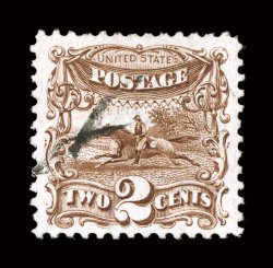 124, 2c Brown re-issue, lovely used example that is uncharacteristically well centered within much larger margins than typically encountered, rich color and a clean impression
on bright paper, uncommonly light and unobtrusive cancel, extremely f