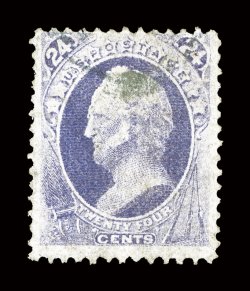 142, 24c Purple with grill, lovely color that is especially bright and rich, unusually light and unobtrusive cancel, inevitable small faults (light thinning and small tear at
bottom), fine appearance overall a highly collectable example of this