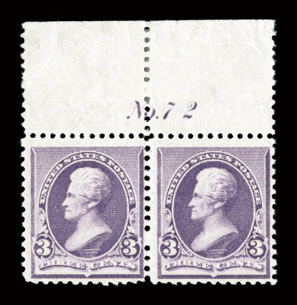 221, 3c Purple, full top margin plate No. 72 pair, warm color, o.g., n.h. (hinged in the selvage only), fine-very fine 2008 PF certificate cataloged as two
singles.