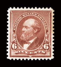 224, 6c Brown red, a remarkable quality mint single of this difficult stamp, marvelously well centered within uncommonly large margins, rich fresh color, unblemished o.g.,
n.h., extremely fine a true gem example 2004 PSE certificate (XF-Superb
