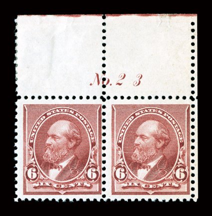 224, 6c Brown red, full top margin plate No. 23 pair, rich fresh color, o.g., n.h. (hinged in the selvage only), fine-very fine 2008 PF certificate cataloged as two
singles.