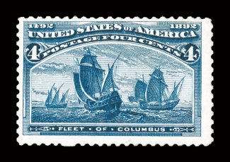 233a, 4c Blue Columbian, error of color, deeply rich color in the unmistakable error shade, certificate states regummed but it may actually be sweated original gum, without
the faults and repairs that plague the majority of this rare and popular