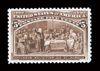 234, 5c Columbian, exceptionally well centered amid large margins, deep luxuriant color, crisp detailed impression, o.g., n.h., extremely fine 2005 PF
certificate.