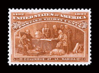 239, 30c Columbian, an outstanding mint example, being extraordinarily well centered amid large balanced margins, gorgeous rich color and a deeply etched impression, pristine
o.g., n.h., extremely fine a highly desirable Thirty Cent Columbian i