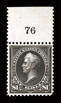 276, $1.00 Black, Ty. I, handsome top margin plate no. 76 single, possessing deep jet black color and a razor-sharp impression on fresh paper, exceedingly well centered within
uncharacteristically large margins, o.g., n.h., extremely fine act