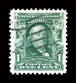 300, 1c Blue green, striking used single, extraordinarily well centered within lavishly large margins all around, bright color, lightly cancelled, extremely fine used gem 2008
PSE certificate (XF-Superb 95 Jumbo SMQ $120.00 for 95 and $365.00