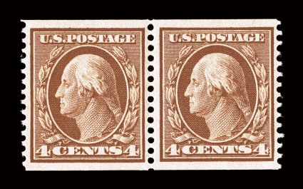 354, 4c Orange brown coil, perf. 12 vert., well centered mint coil pair with 3mm spacing, rich color, o.g., lightly hinged, choice very fine 1988 PF certificate and a 2008 PSE
certificate (VF-XF 85 SMQ $670.00).