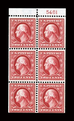 375a, 2c Carmine booklet pane of six, position D, pristine example showing plate no. 5461 in top sheet tab, intense color and impression, o.g., n.h., very fine a choice and
scarce pane showing the plate number 2000 PF certificate.