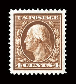 377, 4c Brown, an incredible jumbo-margined mint example, featuring immense margins all around and being precisely centered within this vast expanse, equally impressive is its
intensely rich color and razor-sharp impression on brilliantly fresh