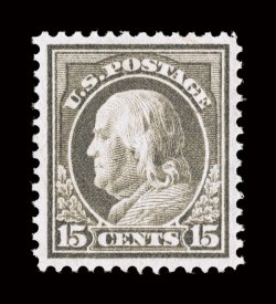 418, 15c Gray, an outstanding mint single, being in a quality that is almost never encountered on this stamp, with flawless centering amid large margins, wonderfully bright
and fresh, pristine o.g., n.h., a superb gem for the perfectionist 2008
