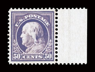 422, 50c Violet, double line watermark, a brilliant post office fresh right sheet-margin mint single, possessing a marvelous overall freshness, deep luxuriant color and a
razor-sharp impression on bright paper, exceptionally well centered with