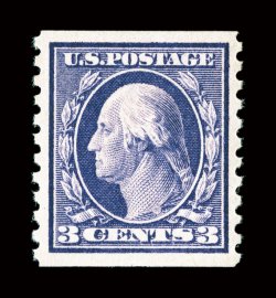 445, 3c Violet flat plate coil, perf. 10 vert., premium quality mint single of this scarce coil, incredibly well centered within very large margins, gorgeous intense color and
a crisp detailed impression on bright paper, o.g., n.h., extremely fi