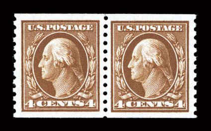 446, 4c Brown flat plate coil, perf. 10 vert., mint pair, absolutely perfect centering within the largest margins possible for a genuine coil, gorgeous color that is
incredibly rich and bright, sharp impression on fresh paper, immaculate o.g., n