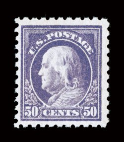 477, 50c Light violet, a brilliant post office fresh mint example of this scarce stamp, striking color and impression on wonderfully bright paper, fairly well centered, o.g.,
n.h. (particularly elusive thus), nearly very fine 2008 PSE certifi