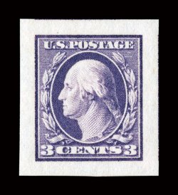 483, 3c Violet imperforate, Ty. I, striking mint single, possessing huge balanced boardwalk margins all around, deep prooflike color and impression on brilliantly white paper,
o.g., n.h., superb 2007 PSE certificate (Gem 100 SMQ $105.00 for 98