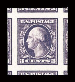 484, 3c Violet imperforate, Ty. II, an ultimate mint example, carefully cut from the sheet so that large portions of all eight adjoining stamps surround the single, intense
color in an especially deep shade, prooflike impression as well as on