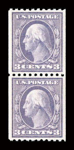 489, 3c Violet coil, perf. 10 horiz., a superlative mint pair, absolutely perfectly centered amid uncharacteristically large margins, exceedingly bright and fresh, flawless
o.g., n.h., superb 2008 PSE certificate (Gem 100 SMQ $365.00 for 98, n