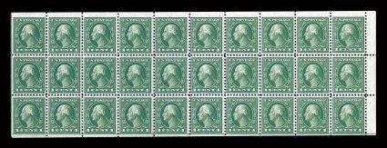 498f, 1c Green A.E.F. booklet pane of thirty, position W6, showing guide line at left and bottom, well centered, strong rich color, o.g., n.h., very fine.