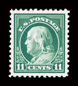 511, 11c Light green, precisely centered within exceptionally large margins, bright fresh color, pristine o.g., n.h., an extremely fine gem 2008 PSE certificate (Superb 98 SMQ
$800.00).
