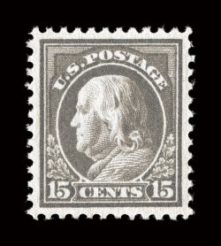 514, 15c Gray, a marvelously choice mint single, with uniformly large and balanced margins all around, excellent color that is unusually strong and rich, o.g., n.h., an
extremely fine gem 2008 PSE certificate (Superb 98 SMQ $2,550.00) only on