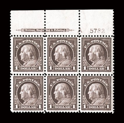 518, $1.00 Violet brown, full top margin imprint and plate no. 5782 block of six, strong color, o.g., lightly hinged, flat plate gum bends and skips, fine-very
fine.