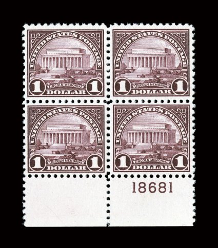 571, $1.00 Violet black, bottom sheet-margin plate no. 18681 block of four, well centered, deep rich color, o.g., n.h., very fine and choice 2008 PSE
certificate.