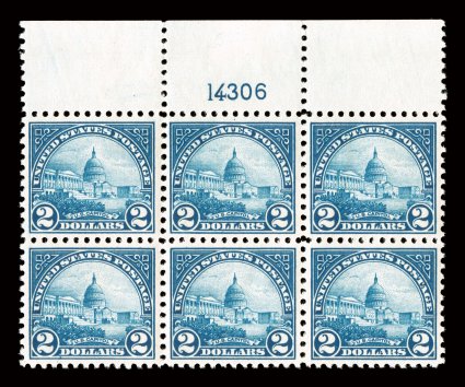 572, $2.00 Deep blue, full top margin plate no. 14306 block of six, exceptionally well centered, deep rich color, o.g., n.h., small natural flat plate gum skips, light pencil
erasure in top selvage, very fine appearance.