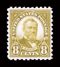 589, 8c Olive green, exceptionally well centered and margined, brilliantly fresh color, o.g., n.h., extremely fine 2008 PSE certificate (XF-Superb 95 SMQ
$620.00).