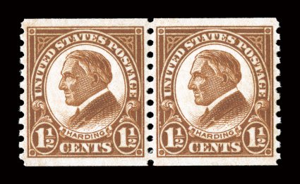 598, 1 12c Brown coil, perf. 10 vert., pair, precisely centered, deep intense color and a prooflike impression, o.g., n.h., extremely fine 2007 PSE certificate (Superb 98 SMQ
$325.00) this is the highest grade the PSE has awarded to any 5