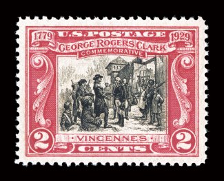 651, 2c George Rogers Clark, a magnificent mint single, possessing flawless centering within incredibly large margins, deeply rich colors, unblemished o.g., n.h., superb a
truly spectacular gem 2006 PSE certificate (Gem 100 Jumbo - SMQ does no