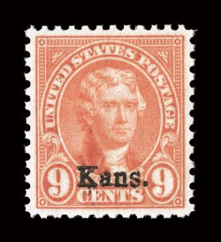 667, 9c Kans. ovpt., marvelously well centered and margined, strong color, fresh clean o.g., n.h., extremely fine gem an unusually select quality example 2008 PSE certificate
(Superb 98 SMQ $1,200.00) this represents the highest grade th