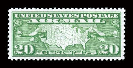 C9, 20c Map, outstanding centering within large margins, exceedingly bright and fresh, o.g., n.h., extremely fine gem 2008 PSE certificate (Superb 98 SMQ
$265.00).