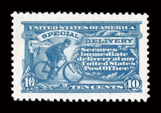 E11, 10c Ultramarine, a spectacular mint example, featuring gigantic margins all around and being incredibly well centered within these huge borders, brilliantly fresh color
on immaculate white paper, o.g., n.h., extremely fine an eye-arresting