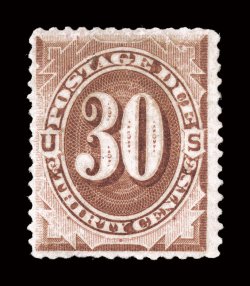 J13, 30c Deep brown special printing, unused, strong color, regummed over a small crease and closed tear, also a tiny facial scrape that is painted over, nearly very fine
appearance a very rare postage due, with only 179 copies sold 2007 PF ce