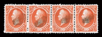 O24, 90c Interior, used horizontal strip of four, gorgeous color that is particularly deep and vibrant, uncommonly well centered, fresh paper, extremely fine an impressive
used multiple 2007 PF certificate.