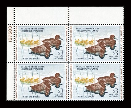 RW27, 1960 $3.00 Multicolored, top left corner plate no. 167503 block of four, exceedingly well centered, fresh colors, o.g., n.h., extremely fine.