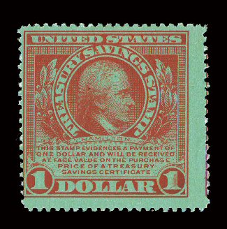 TS1, $1.00 Red on green, Treasury Savings stamp, deep color, o.g. (slight disturbance spot), a fine example of this very scarce stamp.