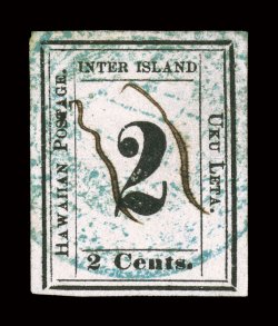 16, 2c Black on grayish, Plate 3-E, Type X (position 10), four large margins, strong color, ms. and light blue handstamp cancels, light horizontal crease, otherwise very
fine.