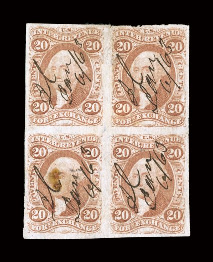 R41a, 20c Foreign Exchange, imperforate, scarce block of four, full to large margins all around, 1863 ms. cancels, small tear between stamps at top, bottom left stamp with
minor stain from ms., very fine appearance.