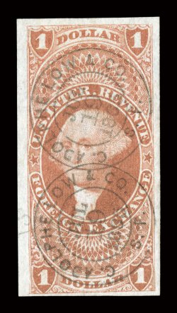 R68a, $1.00 Foreign Exchange, imperforate, impressive used single, with large to huge margins all around, strong color and impression on especially fresh paper, two strikes of
handsome double circle handstamp cancels dated July 19, 1865, extreme