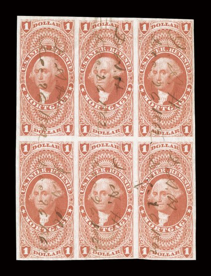 R73a, $1.00 Mortgage, imperforate, block of six (3x2), full to large margins all around, strong rich color, 1862 ms. cancels, vertical crease through the middle stamps, to
middle stamp with other small faults, very fine appearance.