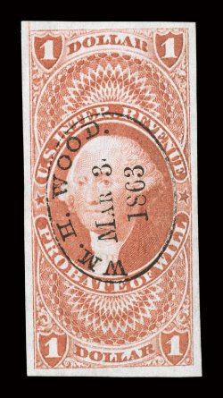 R76a, $1.00 Probate of Will, imperforate, a superb used example of this value, with four wide and perfectly balanced margins, plus its color and impression are prooflike on
especially bright paper, lovely central strike of a Wm. H. Wood.Mar 3,